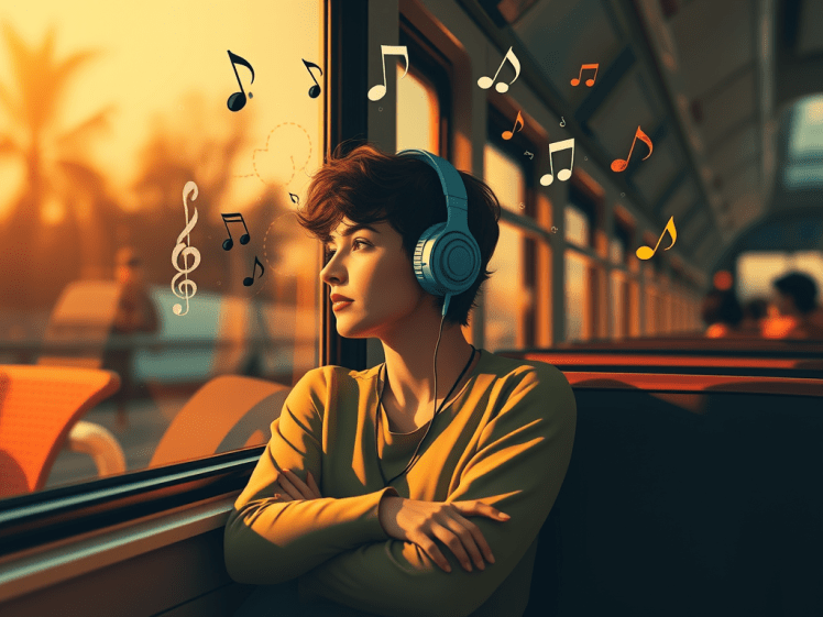 A girl listening to music, sitting on the window seat of a bus.