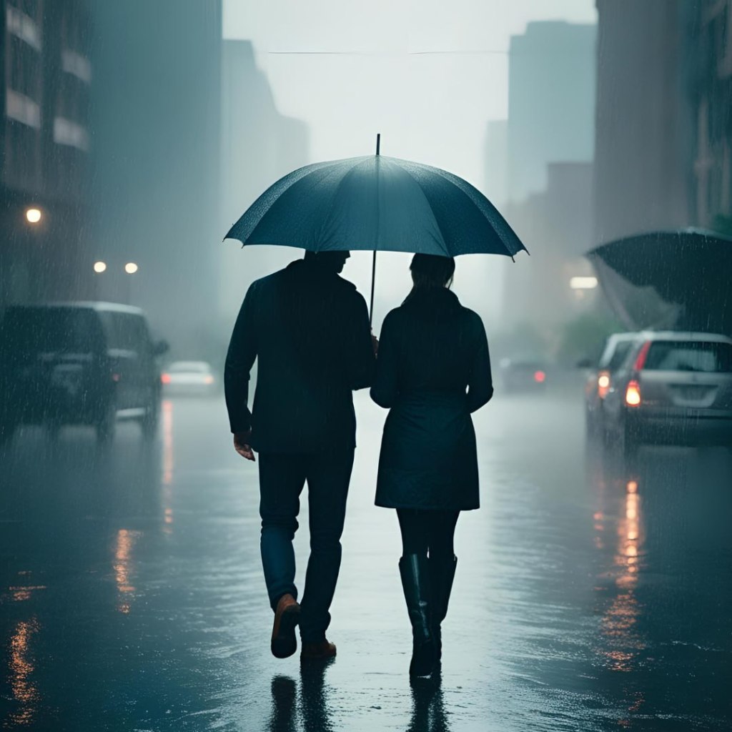 Two people walking in rain
